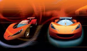 Front view of the orange luxury sport concept car on orange and black background