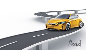 Yellow luxury hatchback drives over a winding road bridge on grey and white gradient
