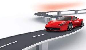 Red sports luxury coupe drives over a winding road bridge on grey and white gradient