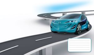 Teal concept hatchback drives over a winding road bridge on grey and white gradient