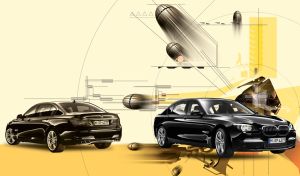 Black sedan and spheres like rockets going into space, in futuristic style on yellow