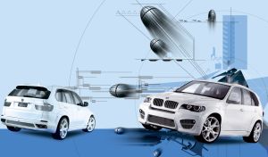 White off-roader and spheres like rockets going into space, in futuristic style on blue