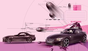 Purple coupe and spheres like rockets going into space in futuristic style on light pink