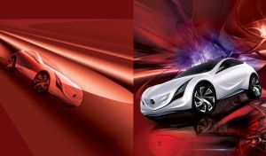 New white sport car on a red background