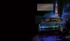 New blue green sport car on a black dark blue background fantastic tower behind