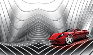 Red sport coupe on a stainless shaped background