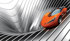 Orange sport car on a stainless shaped background