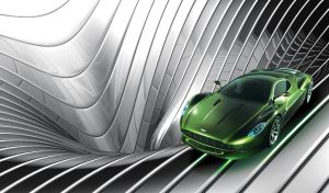 Green sport coupe on a stainless shaped background