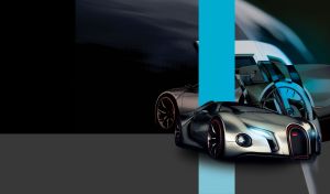 Futuristic matte gray concept car on an enlarged car logo background