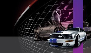 Metallic grey high performance car on an enlarged car logo background