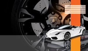 Exclusive white open top car on an enlarged car logo background