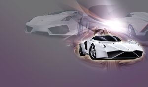 White Lamborghini luxury sport car with hazy grey and violet color background.