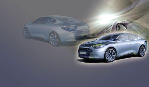 Grey Renault Fluence compact sedan car with hazy purple color background.