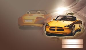 Yellow Dodge Demon Dart sport convertible car with hazy brown color background.