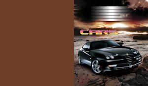 Black performance car against scenic landscape on beach at sundown