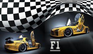 Under the Right Flag | Sports cars, angle front and rear views, under the checkered racing flag on black