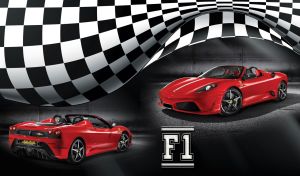 Red sport car under the racing flag