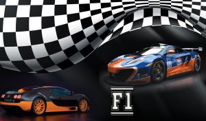 Blue and orange sport car under the racing flag