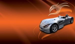Silver single-occupant roadster on a brown background with a translucent symbol