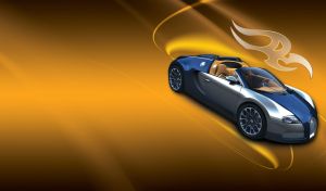 Silver and navy roadster on a mustard background and a translucent symbol