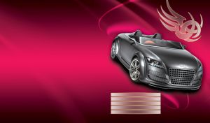 Black chrome roadster on a fuchsia red background with a translucent symbol