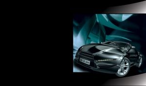 Black sports concept coupe breaks out the frame of an abstract teal room