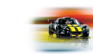 Front shot of a black coupe with yellow hood stripes and back wing on lime and orange