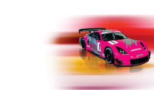 Side shot of a fuchsia coupe with grey metallic decals on yellow and red