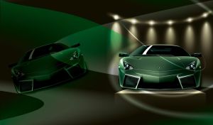 Green Lamborghini luxury sport car on podium under lights with black background.