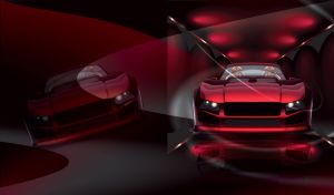 Red luxury sport car on reflective podium under lights with crimson background.