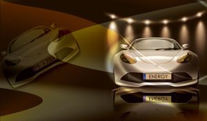 Grey Artega Automobile energy sports car on podium with ochre color background.