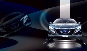 Blue Peugeot RC HY Motion 4 sports car on podium with black background.