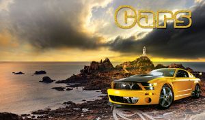 A yellow muscle coupe car on a shore