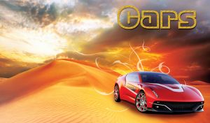 A red sport coupe car on a sand desert