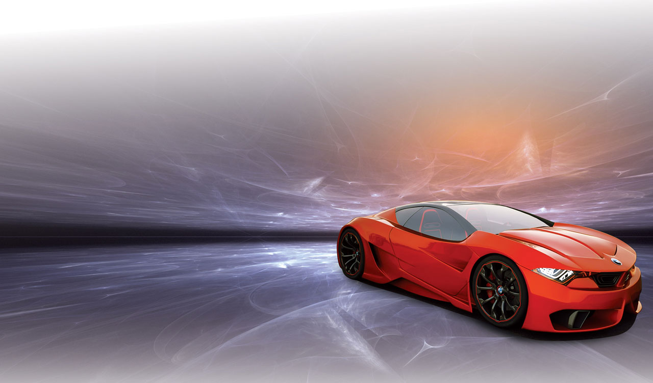 Red high performance sports car with matte black wheels on blue-grey gradient