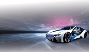 White and blue high performance concept coupe on blue-grey gradient