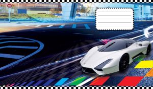 White racing sport car racing through city