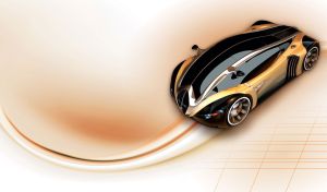 Golden and black futuristic concept car on pastel ocher gradient