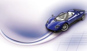 Navy-blue open top sports car with black carbon wing on pastel blue gradient