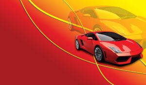 Red sports car on a yellow to red gradient background with yellow curved lines