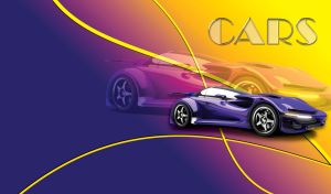 Violet sports car on a navy-purple-yellow gradient with yellow curved lines