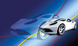 Red sports car on a navy to white gradient with yellow and red curved lines