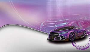 Chrome violet coupe on a violet dotted backdrop and an abstract grey wave