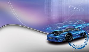 Chrome blue sports coupe on a violet dotted backdrop and an abstract grey wave