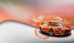 Chrome orange luxury coupe on a dotted backdrop and an abstract grey wave