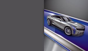 Matte gray super car on a blue podium against a gray background