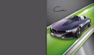 Matte dark violet super cabriolet car against a green podium on a gray