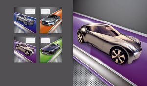 Metallic beige concept sports coupe on a violet podium against a gray background