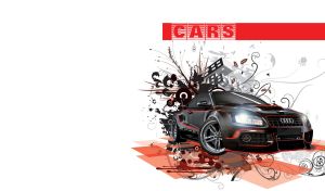 Three-quarter angle shot of matte black sports car on a red abstract platform