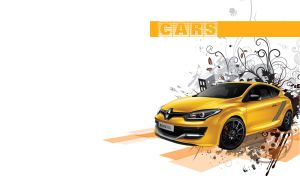 Three-quarter angle shot of matte yellow sports car on orange abstract platform